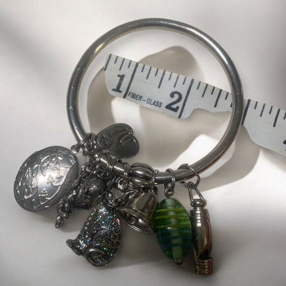 Vintage Silver Cat Charm Bracelet With Hinged Oval Locket Green Glass Bead - Picture 6 of 6